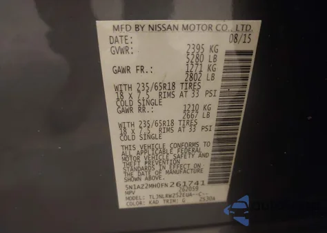 2015 Nissan Murano Sl из США, поврежденный, VIN 5N1AZ2MH0FN261741